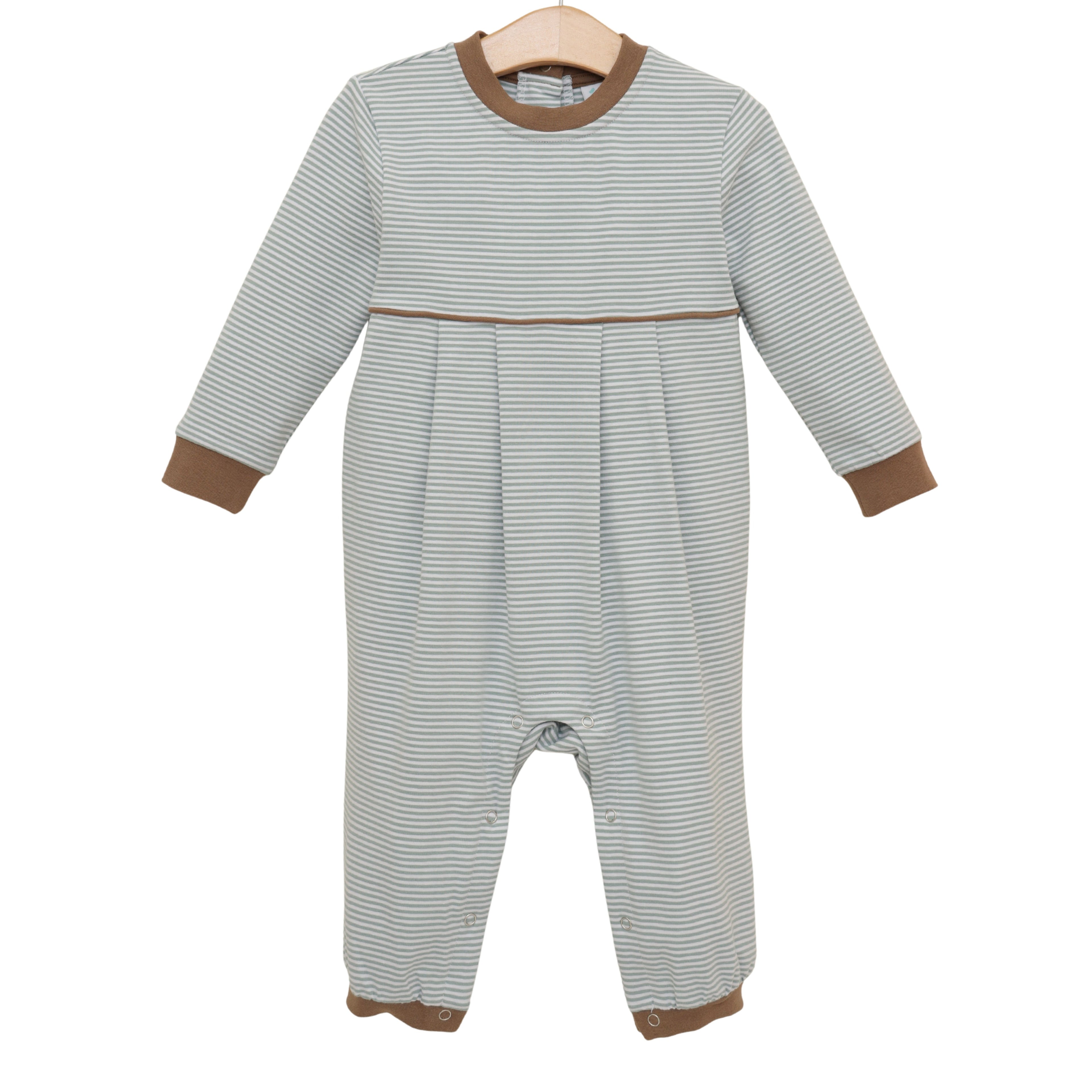 Patrick Romper- Dusty Sage Stripe/Light Brown