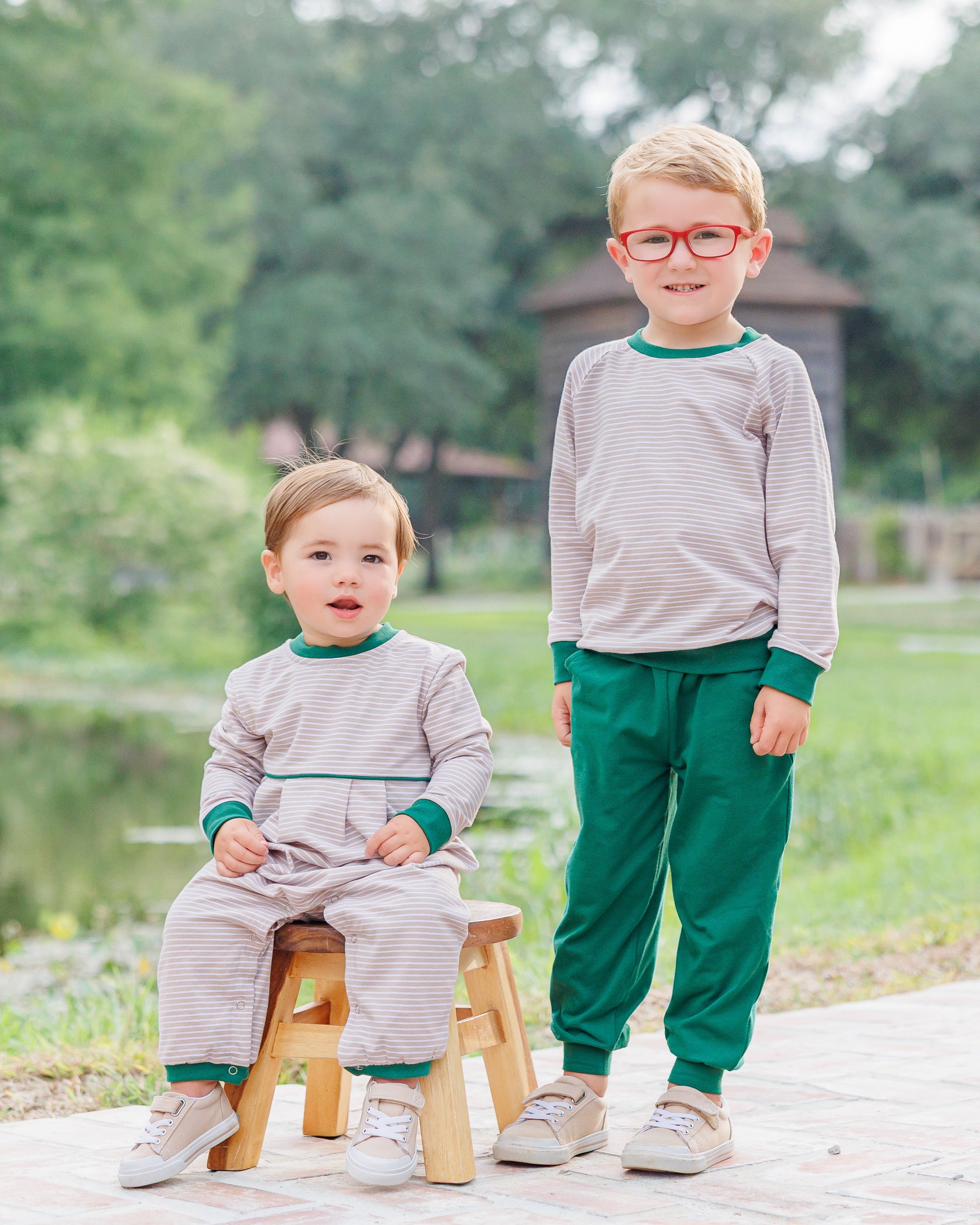 Patrick Romper- Tan Stripe/Hunter Green